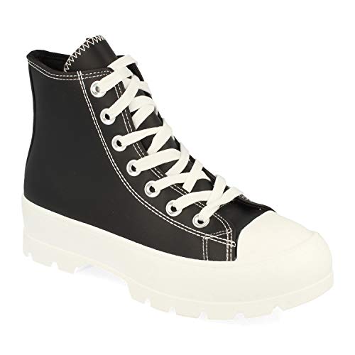 Zapatilla Abotinada de Polipiel para Mujer, con Plataforma, Estilo Bamba, y Cierre de Cordones, Primavera Verano 2021. Talla 40 Negro