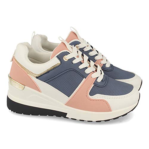 Zapatilla de Cuna para Mujer, Comodas, con Detalle Metalico en el Talon, y Cierre de Cordones, Primavera Verano 2021. Talla 37 Rosa