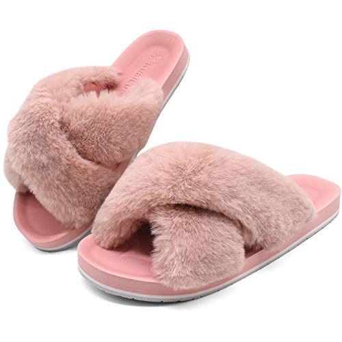 Zapatillas de Casa Mujer Cómodos Plano Felpa Pantuflas Antideslizante Punta Abierta Mullido Dama Sandalias de Diapositivas Interior/Exterior Zapatos Rosa Talla 39