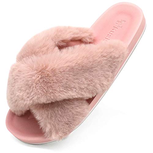 Zapatillas de Casa Mujer Cómodos Plano Felpa Pantuflas Antideslizante Punta Abierta Mullido Dama Sandalias de Diapositivas Interior/Exterior Zapatos Rosa Talla 39