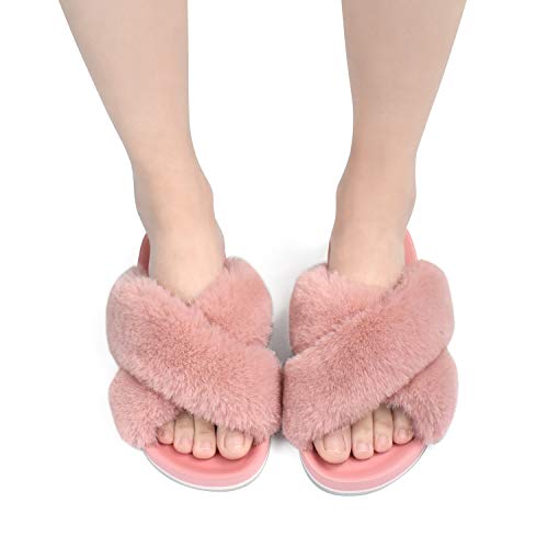 Zapatillas de Casa Mujer Cómodos Plano Felpa Pantuflas Antideslizante Punta Abierta Mullido Dama Sandalias de Diapositivas Interior/Exterior Zapatos Rosa Talla 39