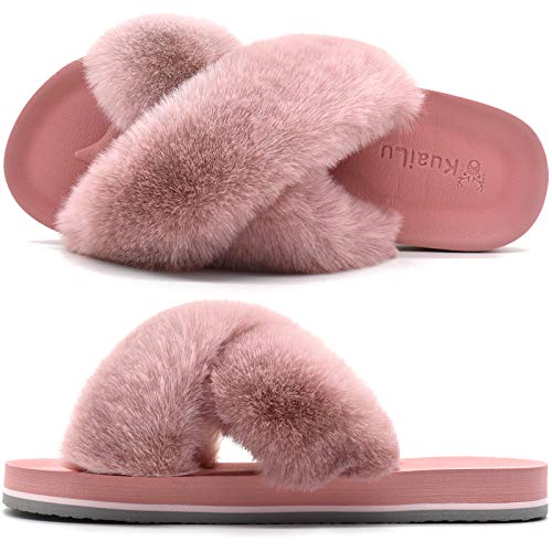 Zapatillas de Casa Mujer Cómodos Plano Felpa Pantuflas Antideslizante Punta Abierta Mullido Dama Sandalias de Diapositivas Interior/Exterior Zapatos Rosa Talla 39