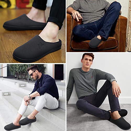 Zapatillas de casa para Hombre Espuma viscoelástica Interior Exterior Cómodo Invierno Cálido Resbalón en el Dormitorio Suela de Goma Antideslizante Lavable Todo Negro Tamaño 46 47