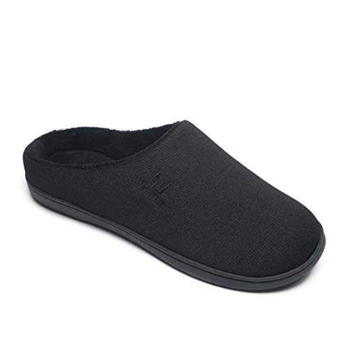 Zapatillas de casa para Hombre Espuma viscoelástica Interior Exterior Cómodo Invierno Cálido Resbalón en el Dormitorio Suela de Goma Antideslizante Lavable Todo Negro Tamaño 46 47