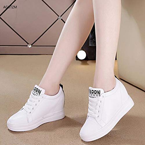 Zapatillas de cuña para Mujer, Zapatos Casuales de Cuero con Cordones, Zapatos Informales de tacón Oculto con Punta Redonda y Costura con Letras y Letras