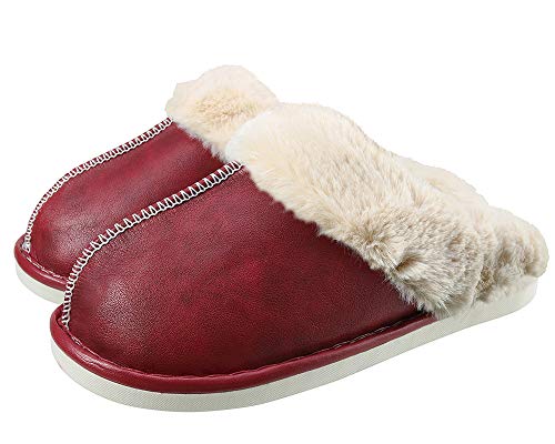 Zapatillas de Estar por casa para Mujer Impermeables de PU Pantuflas Térmicos de Invierno Suave Algodón Casa Zapatos Cómodo Y Antideslizante