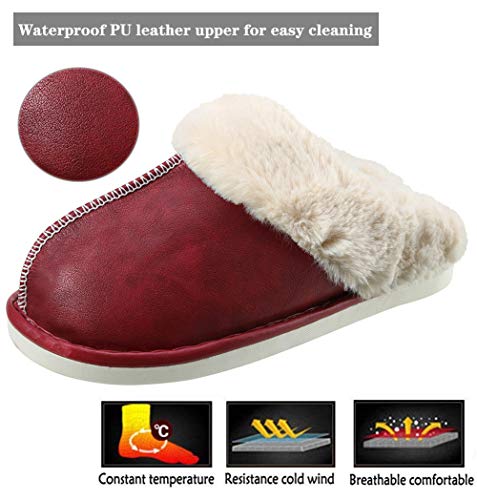Zapatillas de Estar por casa para Mujer Impermeables de PU Pantuflas Térmicos de Invierno Suave Algodón Casa Zapatos Cómodo Y Antideslizante