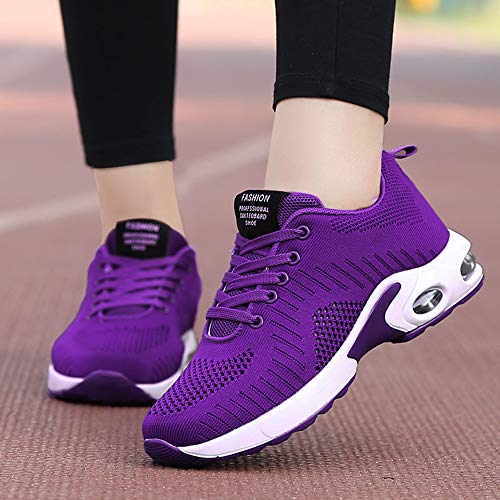 Zapatillas Deportivas de Mujer Air Cordones Zapatillas de Running Fitness Sneakers 4cm Púrpura-1 36