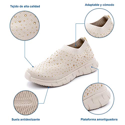 Zapatillas Deportivas para Mujer, Tipo Calcetín, Transpirables, con Brillantes (Beige, Numeric_38)