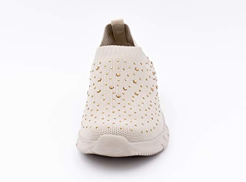 Zapatillas Deportivas para Mujer, Tipo Calcetín, Transpirables, con Brillantes (Beige, Numeric_38)