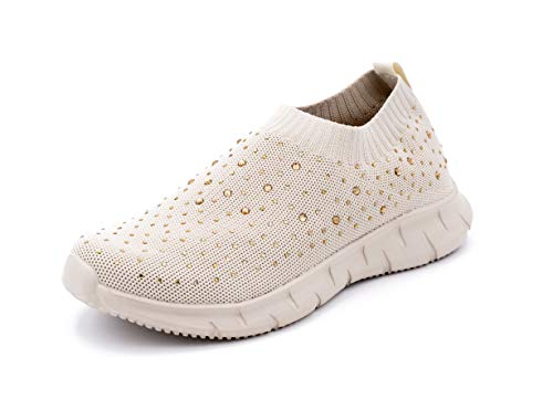 Zapatillas Deportivas para Mujer, Tipo Calcetín, Transpirables, con Brillantes (Beige, Numeric_40)
