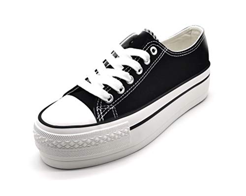 Zapatillas para Mujer con Plataforma de Lona Doble Suela Triple Basket Bambas Puntera de Goma Negra 36