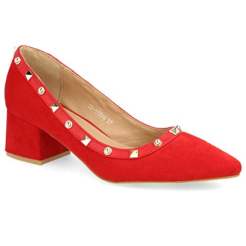 Zapato de Tacon Cuadrado y Punta Fina, Tipo Salon, con Tachuelas metalicas. Altura 4.5 cm. Talla 39 Rojo
