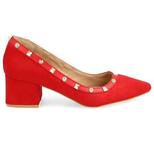 Zapato de Tacon Cuadrado y Punta Fina, Tipo Salon, con Tachuelas metalicas. Altura 4.5 cm. Talla 39 Rojo