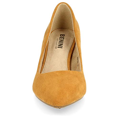 Zapato de Tacon para Mujer, Ancho y de Punta Fina, Estilo Salon, Otono Invierno 2020. Talla 36 Camel