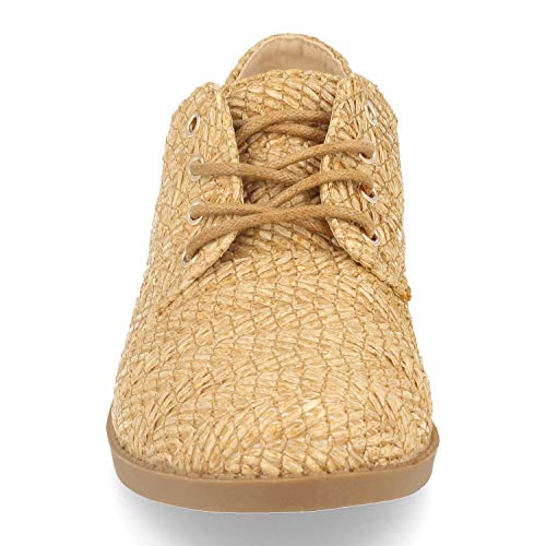 Zapato Plano de Mujer Estilo Blucher, Comodos, de Rafia y con Cordones. Coleccion Primavera Verano 2020. Talla 40 Camel