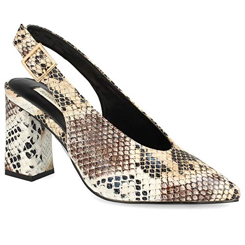 Zapato Salon de Mujer con Punta Fina Destalonado Tacon Alto Primavera Verano 2019. Talla 41 Marron