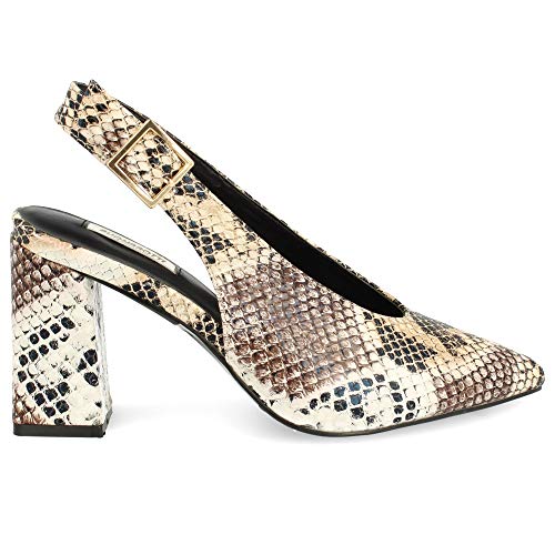 Zapato Salon de Mujer con Punta Fina Destalonado Tacon Alto Primavera Verano 2019. Talla 41 Marron