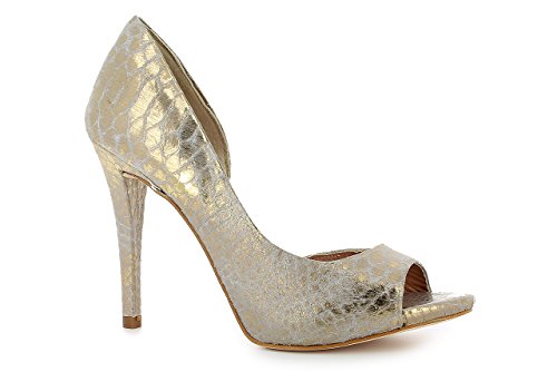 Zapato salón despuntado Piel Mujer Ceremonia con tacón diseño Exclusivo Fabricado en España (Dorado, Numeric_37)