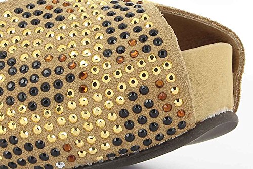 Zapato Sandalia con tacón y Plataforma en Piel Ante y Tachuelas diseño Exclusivo Fabricado en España (Camel, Numeric_35)