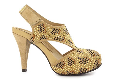 Zapato Sandalia con tacón y Plataforma en Piel Ante y Tachuelas diseño Exclusivo Fabricado en España (Camel, Numeric_35)