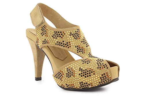 Zapato Sandalia con tacón y Plataforma en Piel Ante y Tachuelas diseño Exclusivo Fabricado en España (Camel, Numeric_35)