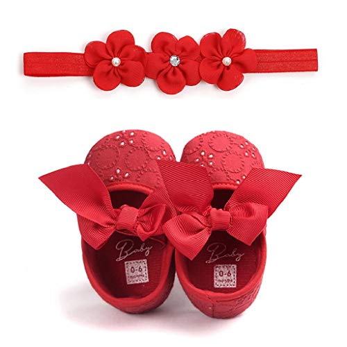 Zapatos Bebé Niña+Diademas SHOBDW Suela Suave Antideslizante Zapatillas Linda Linda Flor Encantadora Zapatos De Princesa Zapatos Bebé Recién Nacida 2019 Zapatos Bebe Primeros Pasos(Rojo,0~6)