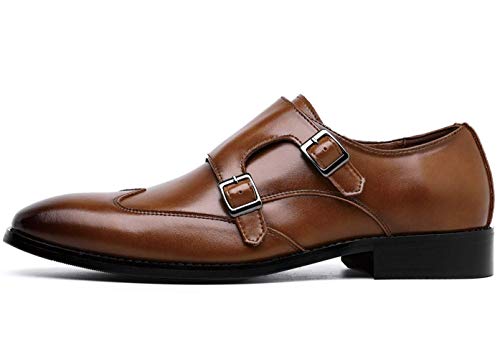 Zapatos Clásicos Monk Hombre de Cuero Elegantes Doble Hebilla Sin Cordones Mocasines Marrón 41 EU
