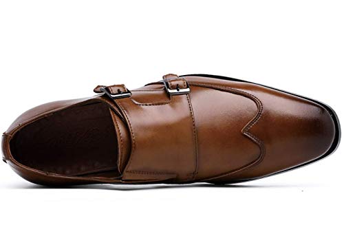 Zapatos Clásicos Monk Hombre de Cuero Elegantes Doble Hebilla Sin Cordones Mocasines Marrón 41 EU