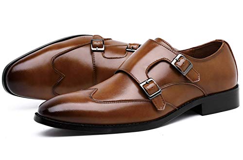 Zapatos Clásicos Monk Hombre de Cuero Elegantes Doble Hebilla Sin Cordones Mocasines Marrón 41 EU