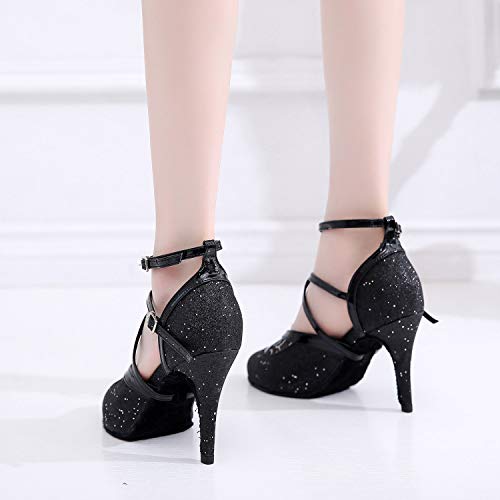 Zapatos de Baile Latino con Brillo para Mujer, Sandalias de Baile de Salsa para Fiestas de salón de Baile Estándar Zapatos de Baile Latinos,Black(optional),38EU