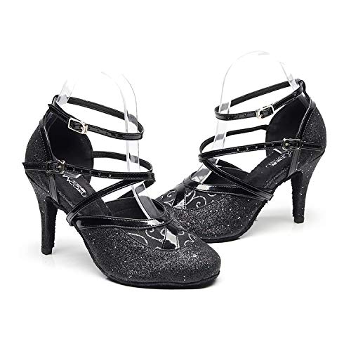Zapatos de Baile Latino con Brillo para Mujer, Sandalias de Baile de Salsa para Fiestas de salón de Baile Estándar Zapatos de Baile Latinos,Black(optional),38EU
