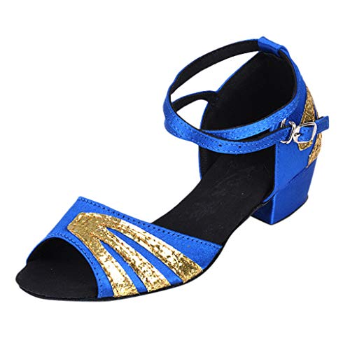 Zapatos de Baile Latino Mujeres Vestido Tacones Altos Zapatos de Tango para NiñOs Zapatos de Baile de Raso Sandalias de Hebilla con Lentejuelas Zapatos de Princesa de Felpa Negro Azul Rojo 25-40 EU