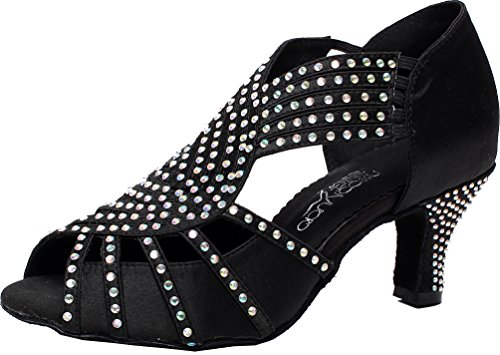 Zapatos de baile para mujer con diamantes de imitación y tacón personalizado y suela latina Tango Cha-Cha 4 elásticos cremallera trasera, color Negro, talla 34 EU