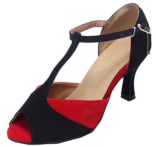 Zapatos de baile suaves para mujer Salsa Tango Latino Ballroom Body Strap Peep Toe Zapatos de baile T-bar, color Rojo, talla 35.5 EU