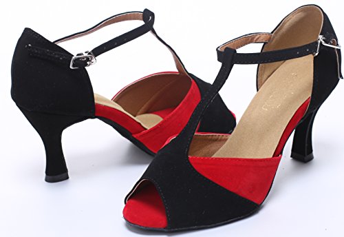 Zapatos de baile suaves para mujer Salsa Tango Latino Ballroom Body Strap Peep Toe Zapatos de baile T-bar, color Rojo, talla 35.5 EU