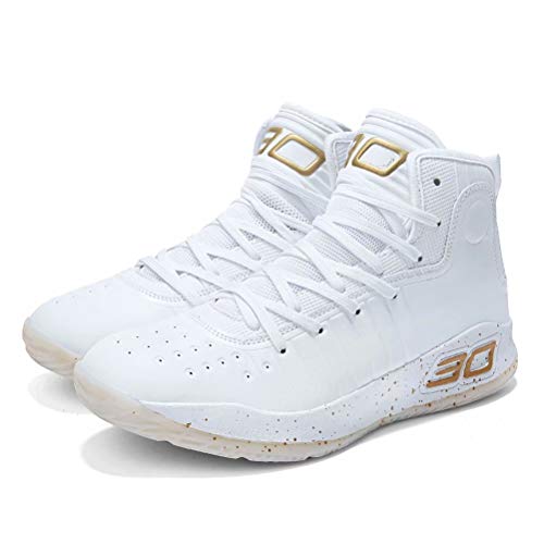 Zapatos de Baloncesto Hombre Mujer Alto Antideslizante Running Sneakers Asfalto Gimnasio Calzado Deportivo Blanco Dorado 42