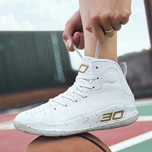 Zapatos de Baloncesto Hombre Mujer Alto Antideslizante Running Sneakers Asfalto Gimnasio Calzado Deportivo Blanco Dorado 42