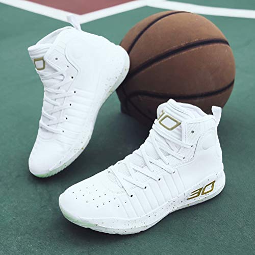 Zapatos de Baloncesto Hombre Mujer Alto Antideslizante Running Sneakers Asfalto Gimnasio Calzado Deportivo Blanco Dorado 42