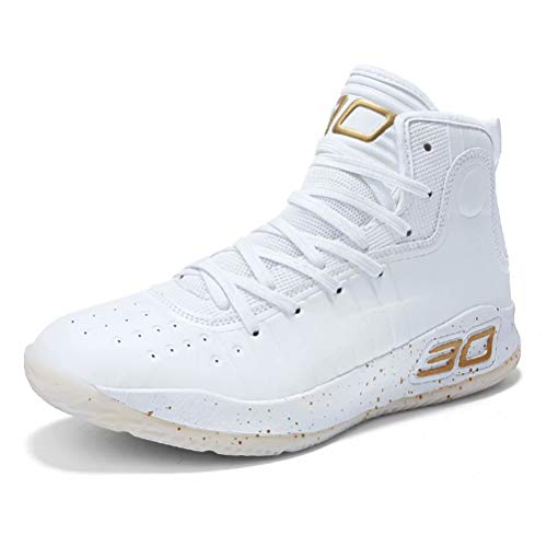 Zapatos de Baloncesto Hombre Mujer Alto Antideslizante Running Sneakers Asfalto Gimnasio Calzado Deportivo Blanco Dorado 42