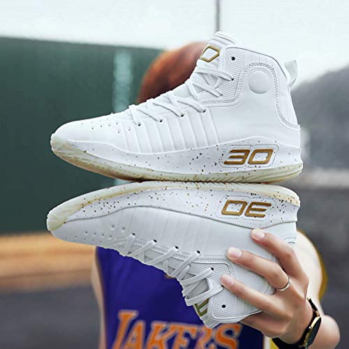 Zapatos de Baloncesto Hombre Mujer Alto Antideslizante Running Sneakers Asfalto Gimnasio Calzado Deportivo Blanco Dorado 42