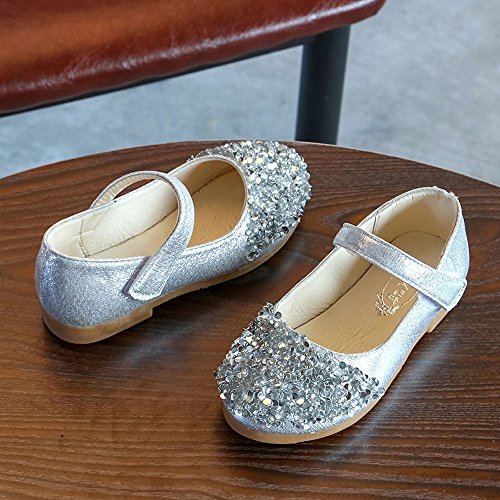 Zapatos de Cuero de Diamantes de Imitación de Otoño para Niña Zapatos de Princesa con Lentejuelas Zapatos de Baile Zapatos de Vestir de Punta Redonda Pequeños Zapatos de Cuero Plata Rosa 21-30EU