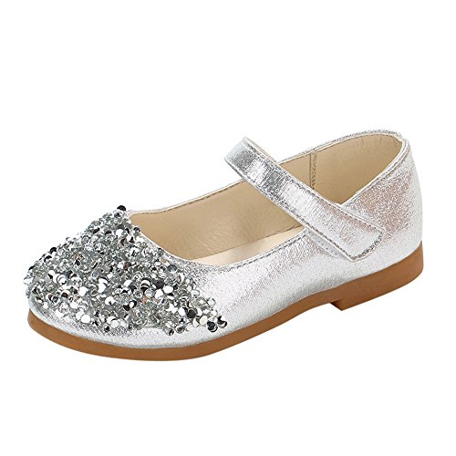 Zapatos de Cuero de Diamantes de Imitación de Otoño para Niña Zapatos de Princesa con Lentejuelas Zapatos de Baile Zapatos de Vestir de Punta Redonda Pequeños Zapatos de Cuero Plata Rosa 21-30EU