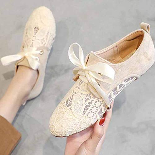 Zapatos De Mujer con Cordones De Verano Mocasines De Punto Transpirable Mocasines De Punto con Lazo De Satén Mocasines De Punta Redonda Zapatos De Bailarina Casuales Cómodos