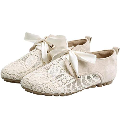 Zapatos De Mujer con Cordones De Verano Mocasines De Punto Transpirable Mocasines De Punto con Lazo De Satén Mocasines De Punta Redonda Zapatos De Bailarina Casuales Cómodos