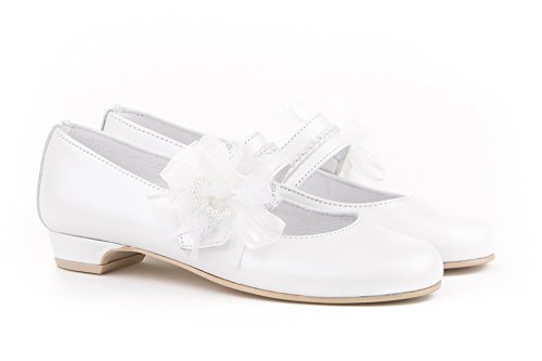 Zapatos de niña Fabricados en Piel para comunión con tacón. Calzado de niña Hecho a Mano - MiPequeña Modelo 997v Color Blanco.