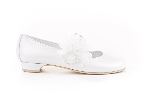Zapatos de niña Fabricados en Piel para comunión con tacón. Calzado de niña Hecho a Mano - MiPequeña Modelo 997v Color Blanco.