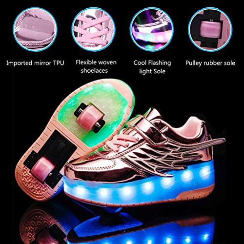Zapatos de Roller,Patines Deportes Zapatos,Led Luces USB Cargable Forma de Ala Rueda Delantera Desmontable Rueda Trasera Retráctil Running Zapatillas,Usado Para Deportes de Exterior Niños Niña,32