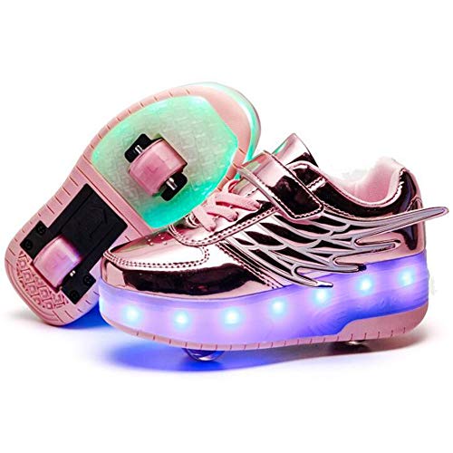 Zapatos de Roller,Patines Deportes Zapatos,Led Luces USB Cargable Forma de Ala Rueda Delantera Desmontable Rueda Trasera Retráctil Running Zapatillas,Usado Para Deportes de Exterior Niños Niña,32