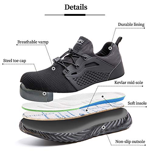 Zapatos de Seguridad Hombre Mujer Trabajo Ligeras Calzado de Seguridad Deportivo Comodo con Punta de Acero A Negro 43 EU